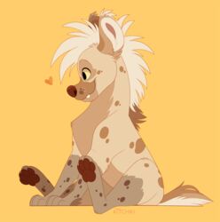  2019 ambiguous_gender brown_body brown_fur digital_media_(artwork) febzhyena_(kitchiki) feral fur hair heart_symbol hyena kitchiki mammal simple_background smile solo spotted_hyena tan_body tan_fur yellow_background 