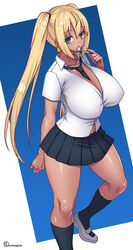  between_breasts black_necktie black_socks blonde_hair blue_background blue_eyes breasts candy cleavage curvy dark-skinned_female dark_skin earrings feet_out_of_frame female food grey_footwear gyaru huge_breasts jewelry kneehighs kogal lollipop miniskirt necktie necktie_between_breasts no_bra onomeshin open_clothes open_shirt original photoshop_(medium) pink_pupils pleated_skirt shiny_skin shirt sidelocks skirt socks solo standing star_(symbol) star_earrings tan twintails white_background white_shirt 