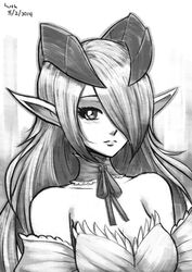  bare_shoulders breasts cleavage closed_mouth commentary commission dated demon_girl detached_collar english_commentary female greyscale hair_over_one_eye horns ilassa_(elh) large_breasts lilim_(monster_girl_encyclopedia) looking_at_viewer lutherniel monochrome monster_girl_encyclopedia neck_ribbon one_eye_covered pointy_ears ribbon signature solo upper_body 