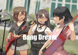  3girls acoustic_guitar bang_dream! black_pants black_ribbon black_shirt black_sweater blouse blue_eyes blurry blurry_background blurry_foreground brown_hair chinese_commentary closed_eyes closed_mouth commentary_request copyright_name dutch_angle electric_guitar esp_guitars guitar hair_ornament hanazono_tae holding holding_instrument holding_microphone instrument liangzi_tai_hongcha long_hair long_sleeves medium_hair microphone microphone_stand multiple_girls music neck_ribbon open_mouth outdoors pants pink_shirt playing_instrument pleated_skirt poppin&#039;party ribbon shirt short_sleeves singing skirt sleeves_rolled_up smile star_(symbol) star_hair_ornament sweater teeth toyama_kasumi upper_teeth_only ushigome_rimi white_shirt white_skirt 