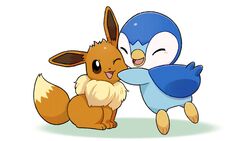  ;) blush closed_eyes commentary_request eevee hug light_blush no_humans official_art one_eye_closed open_mouth piplup pokemon pokemon_(creature) project_pochama sitting smile toes tongue white_background 