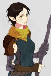  animification armor bw2gold dragon_age dragon_age_2 elf facepaint facial_tattoo female fingerless_gloves gloves green_eyes korean_commentary merrill_(dragon_age_2) pauldrons pointy_ears scarf shoulder_armor solo staff tattoo 