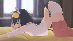  absurdres animal_ear_fluff animal_ears arched_back backlighting bare_shoulders bed black_hair black_panties bloom blurry blurry_background blush breasts cat_ears cat_girl cat_stretch cat_tail closed_eyes commentary feet_out_of_frame female from_side highres indoors karyl_(princess_connect!) long_hair low_twintails midriff multicolored_hair narrow_waist oerba_yun_fang on_bed open_mouth pajamas panties pink_shirt pink_shorts princess_connect! profile red_thighhighs rert5873 rubbing_eyes see-through_silhouette shirt short_shorts shorts side-tie_panties skindentation sleep_mask sleepy small_breasts solo streaked_hair stretching tail tears thighhighs top-down_bottom-up twintails underwear very_long_hair waking_up white_hair window yawning 