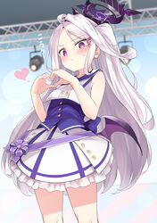  absurdres ahoge blue_archive blurry blurry_background blush buttons cowboy_shot demon_horns demon_wings double-breasted female frilled_skirt frills frown hair_ornament hairclip halo heart heart_hands highres hina_(blue_archive) horns kandori long_hair looking_at_viewer multiple_horns parted_bangs purple_eyes sidelocks skirt sleeveless solo standing sweatdrop very_long_hair white_hair wings 