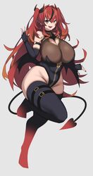  armlet bare_shoulders black_gloves black_hair black_nails black_tail black_wings boots breasts cleavage cleavage_cutout clothing_cutout curvy demon_girl demon_horns demon_tail elbow_gloves female gloves highres horns huge_breasts imuzi long_hair multicolored_hair multicolored_horns oerba_yun_fang open_mouth original plump pointy_ears red_hair red_horns see-through see-through_cleavage simple_background skin_fang standing standing_on_one_leg streaked_hair tail thick_thighs thigh_boots thighhighs thighs twintails two-tone_horns white_background wings yellow_eyes zipper 