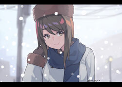  artist_name brown_hair coat commentary_request female fur_hat girls_und_panzer hat highres kimi_tsuru letterboxed lips mika_(girls_und_panzer) outdoors scarf smile snow solo swept_bangs upper_body winter_clothes 