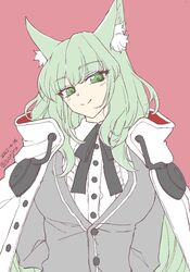  animal_ear_fluff animal_ears arknights black_ribbon bonjirix breasts cardigan cat_ears commentary_request female green_eyes green_hair grey_cardigan harmonie_(arknights) head_tilt large_breasts long_hair long_sleeves looking_at_viewer neck_ribbon pink_background ribbon shirt simple_background smile solo upper_body very_long_hair white_shirt 