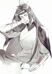  1boy arm_up bean_mr12 closed_eyes crossed_legs greyscale lanxi_zhen long_hair long_sleeves luo_xiaohei_zhanji male_focus monochrome parted_lips simple_background solo white_background wuxian_(the_legend_of_luoxiaohei) 