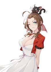  ;) aerith_gainsborough ahoge alternate_breast_size animal_on_head aqua_eyes arms_behind_back bad_id bad_pixiv_id black_ribbon bow breasts brown_hair cleavage cropped_jacket dress feline female final_fantasy final_fantasy_vii final_fantasy_vii_remake hairbow highres huang_(volt0526) jacket large_breasts long_hair looking_at_viewer neck_ribbon on_head one_eye_closed open_clothes open_jacket parted_bangs photoshop_(medium) pink_ribbon red_bow red_jacket ribbon short_sleeves sidelocks simple_background smile solo trembling white_background white_dress wind 