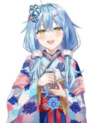  :d ahoge atora bad_id bad_pixiv_id bell blue_hair blue_kimono blue_nails blue_ribbon blush colored_tips cup elf female floral_print hair_between_eyes hair_ornament hair_over_shoulder hairclip hands_up heart heart_ahoge highres holding holding_cup hololive japanese_clothes kimono long_hair long_sleeves looking_at_viewer low_twintails multicolored_hair nail_polish obi official_alternate_hairstyle open_mouth pointy_ears print_kimono ribbon sakazuki sash simple_background smile snowflake_print solo streaked_hair tail teeth twintails very_long_hair virtual_youtuber white_background wide_sleeves yagasuri yellow_eyes yukihana_lamy yukihana_lamy_(new_year) 