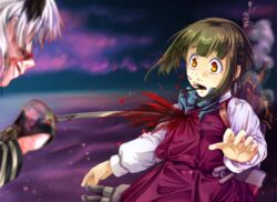  2girls abyssal_ship blood blood_from_mouth blood_on_clothes blood_on_face blurry bob_cut bow bowtie braid brown_eyes commentary dark_persona depth_of_field dress english_commentary flower green_hair guro hair_flower hair_ornament highres holding holding_sword holding_weapon kantai_collection long_sleeves looking_at_another mast melisaongmiqin multiple_girls night night_sky northampton_(pacific) open_mouth pacific_(kancolle) pinafore_dress purple_dress rigging shirt short_hair sidelocks sky sleeveless sleeveless_dress smoke smokestack spoilers stab sword takanami_(kancolle) torpedo_launcher weapon white_hair white_shirt wilted_flower 