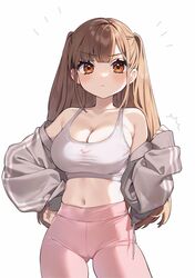  :&lt; ^^^ absurdres ass_visible_through_thighs bare_shoulders blunt_bangs blush brand_name_imitation breasts brown_hair chibi_kyonyuu cleavage closed_mouth collarbone cowboy_shot crop_top double_vertical_stripe drawstring eyelashes eyes_visible_through_hair female frown grey_jacket grey_sports_bra hand_on_own_hip hand_up highres jacket kodama_(sakura_yuki) large_breasts long_hair long_sleeves looking_at_viewer midriff navel nike_(company) notice_lines off_shoulder open_clothes open_jacket orange_eyes pants parted_bangs pink_pants sakura_yuki_(clochette) scowl shirt sideboob sidelocks simple_background sleeves_past_wrists solo sports_bra sportswear standing stomach straight_hair taut_clothes thighs track_jacket two_side_up v-shaped_eyebrows very_long_hair white_background yoga_pants 