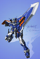  fighting_stance green_eyes gundam gundam_astray_blue_frame_second_revise gundam_seed gundam_seed_astray gundam_seed_vs_astray highres holding holding_sword holding_weapon huge_weapon mecha mobile_suit no_humans robot science_fiction shadow signature solo sword tokita_kouichi v-fin weapon 