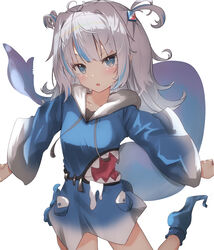  :o blue_eyes blue_hoodie breasts collarbone commentary cowboy_shot female fins fish_tail foot_out_of_frame gawr_gura gawr_gura_(1st_costume) gradient_clothes grey_hair hair_ornament highres hololive hololive_english hood hoodie long_hair looking_at_viewer multicolored_hair oerba_yun_fang shark_hair_ornament shark_tail sheiou simple_background skin_fang small_breasts solo standing standing_on_one_leg streaked_hair tail two_side_up virtual_youtuber white_background wide_sleeves 