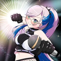  aqua_eyes bare_shoulders black_gloves blue_hair blush breasts closed_mouth crop_top earrings female glasses gloves grey_hair hair_ornament holding holding_microphone hololive hololive_indonesia incoming_attack incoming_punch jewelry long_hair looking_at_viewer medium_breasts microphone midriff multicolored_hair oguma_shiro pavolia_reine pavolia_reine_(streetwear) ponytail punching solo streaked_hair swept_bangs virtual_youtuber 