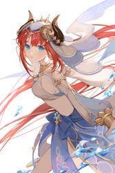  absurdres blue_eyes blue_skirt breasts brooch commentary_request cowboy_shot crop_top fake_horns female genshin_impact highres horns jewelry large_breasts lizi_(st3648) long_hair long_sleeves looking_at_viewer midriff nilou_(genshin_impact) parted_lips red_hair simple_background skirt solo standing veil very_long_hair white_background 