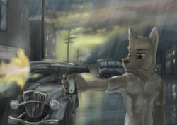  1920s anthro brown_body brown_eyes brown_fur canid canine car clothing detailed_background digital_media_(artwork) firing_weapon fur holding_object holding_weapon male mammal medibang_paint_(artwork) motor_vehicle solo translucent translucent_clothing vehicle vintage_car weapon wolfyalex96 