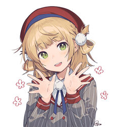  beret blonde_hair braid commentary female french_braid green_eyes grey_shirt hair_ornament hair_rings hat head_tilt indie_virtual_youtuber long_sleeves looking_at_viewer medium_hair nagu open_hands open_mouth pom_pom_(clothes) pom_pom_hair_ornament red_sailor_collar sailor_collar shigure_ui_(vtuber) shigure_ui_(vtuber)_(1st_costume) shirt simple_background smile solo striped_clothes striped_shirt upper_body virtual_youtuber white_background 