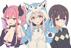  3girls :d absurdres animal_costume animal_hands black_gloves blue_hair blunt_bangs blunt_ends breasts bridal_gauntlets brown_eyes choker colored_inner_hair commentary demon_costume earrings elbow_gloves food-themed_earrings gloves hair_between_eyes highres horns hozuki_kaede hozuki_momiji jack-o&#039;-lantern jack-o&#039;-lantern_earrings jewelry large_breasts light_blush multicolored_hair multiple_girls oerba_yun_fang onesie onii-chan_wa_oshimai! open_mouth oyama_mahiro paw_gloves pink_hair red_eyes short_hair short_ponytail side_ponytail sidelocks simple_background skin_fang smile sobaandsushi two-tone_hair white_background wolf_costume zipper_pull_tab 