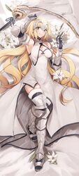  arm_up armor blonde_hair blush breasts cleavage dress fate/apocrypha fate/grand_order fate_(series) female flag floral_background flower full_body gauntlets hair_between_eyes headpiece highres jeanne_d&#039;arc_(fate) jeanne_d&#039;arc_(third_ascension)_(fate) large_breasts lily_(flower) long_hair looking_at_viewer lying no-kan on_back revealing_clothes smile solo thighs very_long_hair 