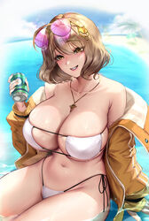  absurdres anis_(nikke) anis_(sparkling_summer)_(nikke) bare_shoulders bikini breasts brown_hair can cian_yo cleavage collarbone eyepatch_bikini eyewear_on_head female goddess_of_victory:_nikke grin hair_ornament highres holding holding_can jacket jewelry knee_up large_breasts long_sleeves looking_at_viewer navel necklace off_shoulder official_alternate_costume open_clothes open_jacket parted_lips short_hair side-tie_bikini_bottom sitting smile star_(symbol) star_necklace sunglasses swimsuit teeth thighs wet white_bikini yellow_eyes yellow_jacket 