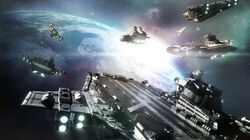  3d afterburner carrier cloud commentary engine fleet flight_deck flying glowing gun jet_engine landscape machinery military military_vehicle no_humans original outdoors photorealistic planet realistic scenery science_fiction sky space spacecraft star_(sky) starry_sky sun sunlight thrusters togman-studio turret vehicle_focus weapon 