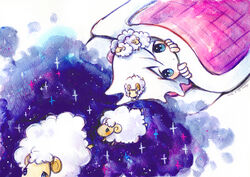  absurdres artist_name blanket blue_eyes commentary_request counting_sheep dated female highres looking_at_viewer looking_up lying on_back original photoshop_(medium) pillow sheep sky sleeping_bag space star_(sky) star_(symbol) starry_sky white_hair zukky000 