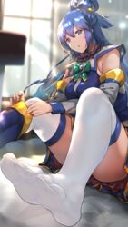  :o aqua_(konosuba) blue_eyes blue_footwear blue_hair blue_shirt blue_thighhighs blush boots bow bowtie breasts brooch detached_sleeves feet female foot_focus foreshortening green_bow hair_ornament hair_rings highres indoors jewelry kono_subarashii_sekai_ni_shukufuku_wo! large_breasts legs light_rays long_hair looking_at_viewer no_shoes nonohachi open_mouth putting_on_boots shirt sidelocks single_hair_ring sitting soles solo thigh_boots thighhighs thighhighs_under_boots thighs toe_seam toes white_thighhighs window 