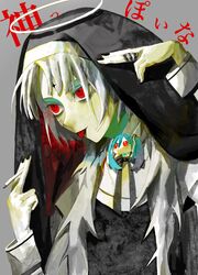  absurdres aimaina arms_up bad_id bad_twitter_id bandaid bandaid_on_face black_nails cigarette female grey_background grey_hair habit halo hatsune_miku highres holding holding_cigarette ineuoy kamippoina_(vocaloid) long_hair long_sleeves nun piercing red_eyes shadow solo tongue tongue_out tongue_piercing vocaloid 