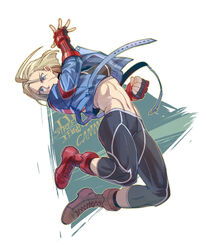  abs absurdres blonde_hair blue_eyes blue_jacket cammy_white cropped_jacket female fingerless_gloves gloves highres jacket jumping muscular muscular_female pants red_footwear short_hair solo street_fighter street_fighter_6 tight_clothes tight_pants yoga_pants yuiofire 