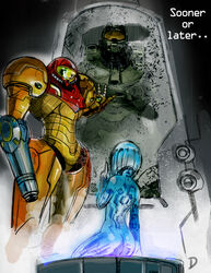  1boy 2girls armor assault_visor butt_crack commentary_request cortana crossover cryogenic_pod dandy_(superdive43) english_text green_visor halo_(series) helmet hologram looking_down master_chief metroid multiple_girls photoshop_(medium) pointing power_armor samus_aran science_fiction spartan_(halo) varia_suit yellow_visor 