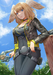  absurdres belt black_bodysuit black_collar blue_eyes blue_sky bodysuit breasts brown_hair chest_tattoo cleavage cloud collar commentary covered_navel cropped_jacket deliciousbrain english_commentary eunie_(xenoblade) female hair_between_eyes head_wings highres holding holding_staff large_breasts legs_together looking_down medium_hair signature sky smile staff standing tattoo teeth wings xenoblade_chronicles_(series) xenoblade_chronicles_3 