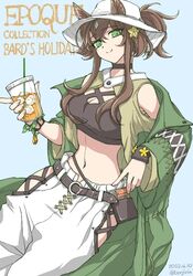  animal_ears arknights bare_shoulders belt black_choker black_shirt blue_background bonjirix breasts brown_hair choker cleavage coat cowboy_shot crop_top cup dated disposable_cup drinking_straw fedora female green_coat green_eyes hair_between_eyes hair_ornament hat hip_vent holding holding_cup horse_ears large_breasts long_hair long_sleeves looking_at_viewer meteor_(arknights) meteor_(bard&#039;s_holiday)_(arknights) midriff navel off_shoulder official_alternate_costume open_clothes open_coat pants ponytail shirt sidelocks smile solo star_(symbol) star_hair_ornament stomach white_hat white_pants 