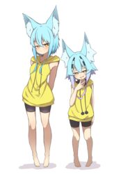  2girls absurdres animal_ear_fluff animal_ears bad_id bad_pixiv_id bare_arms barefoot bike_shorts black_shorts blue_hair brown_eyes closed_mouth commentary_request drawstring finger_to_mouth gradient_hair hair_between_eyes hair_ornament hairclip highres hood hood_down hoodie idaten93 long_hair looking_at_viewer multicolored_hair multiple_girls original pink_hair shadow short_shorts shorts siblings sidelocks sisters sleeveless sleeveless_hoodie smirk terufu-chan teruteru-chan white_background yellow_hoodie 