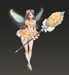  :3 absurdres bad_id bad_pixiv_id black_background blush breasts brown_hair cleavage closed_mouth detached_collar dress eyelashes fairy female frilled_skirt frills full_body gem glowing glowing_wings gradient_background hair_ornament hairband headband high_heels highres holding holding_weapon honey_dipper insect_wings kneehighs lips long_hair madaeng medium_breasts narrow_waist orange_footwear orange_nails original parted_bangs puffy_short_sleeves puffy_sleeves short_sleeves simple_background single_bare_shoulder single_sleeve skirt socks solo sparkle staff standing strappy_heels two-handed weapon white_socks wings wrist_cuffs yellow_dress yellow_eyes yellow_headband 