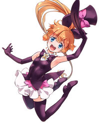  :d blue_eyes boots bow breasts covered_nipples elbow_gloves female gloves hair_between_eyes hair_ribbon haneoka_meimi hat hat_bow holding holding_clothes holding_hat kaitou_saint_tail long_hair looking_at_viewer magical_girl miniskirt orange_hair pink_bow ponytail purple_footwear purple_gloves purple_hat purple_ribbon ribbon round_teeth saint_tail simple_background skindentation skirt sleeveless small_breasts smile solo suzuki24 tareme teeth thigh_boots thighhighs unworn_hat unworn_headwear very_long_hair white_background zettai_ryouiki 