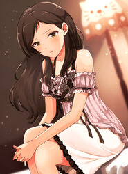  babydoll bad_id bad_pixiv_id bare_shoulders bedroom blurry brown_eyes brown_hair depth_of_field detached_sleeves dot_nose female floral_print frilled_negligee frills hanamasa_ono highres idolmaster idolmaster_million_live! idolmaster_million_live!_theater_days kitazawa_shiho layered_nightgown long_hair nightgown official_alternate_costume parted_bangs parted_lips pink_negligee puffy_detached_sleeves puffy_short_sleeves puffy_sleeves ribbon-trimmed_sleeves ribbon_trim rose_print sexy_beautiful_(idolmaster) short_sleeves sitting solo 