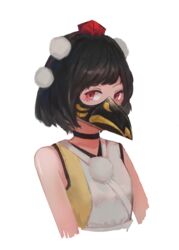  bare_shoulders bird_mask black_choker black_hair choker commentary covered_face facial_mark female fjsmu hair_ornament hat highres looking_at_viewer mask multicolored_shirt pink_eyes pom_pom_(clothes) pom_pom_hair_ornament red_eyes red_hat shameimaru_aya shirt short_hair simple_background sleeveless sleeveless_shirt solo swept_bangs tokin_hat touhou upper_body white_background white_shirt yellow_shirt 