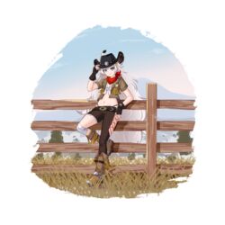  absurdres against_fence alternate_costume belt black_gloves blue_eyes boots clothing_cutout cowboy_hat crop_top dm_(nguyen_dm95) female fence fingerless_gloves full_body gloves goddess_of_victory:_nikke hat highres jacket long_hair looking_at_viewer midriff navel outdoors poli_(nikke) shirt shoes smile solo standing thigh_cutout wavy_hair white_hair 