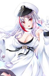  azur_lane breasts cleavage coat dress female fur-trimmed_coat fur_trim gloves hat highres ice_shard large_breasts light_purple_hair long_hair military_hat mole mole_on_breast multicolored_hair orange_eyes origami_aya peaked_cap red_hair simple_background streaked_hair tallinn_(azur_lane) white_background white_coat white_dress white_gloves white_headwear 