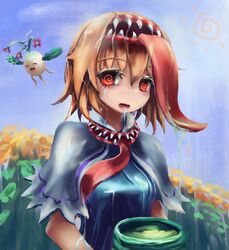  @_@ alice_margatroid blonde_hair blue_dress blue_sky body_horror capelet commentary_request cookie_(touhou) cup daikon dress extra_mouth eyes_visible_through_hair female flower frilled_capelet frills green_tea hair_between_eyes hairband hinase_(cookie) looking_at_viewer mushi_kui necktie open_mouth oversized_object purple_flower radish red_eyes red_necktie reu_daikon saliva short_hair sky solo_focus sun tea teeth tongue tongue_out touhou upper_body white_capelet yellow_flower yunomi 