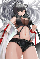  absurdres animal_ear_fluff animal_ears arknights bare_shoulders black_scarf black_shorts breasts cat_ears chinese_commentary cleavage commentary_request cowboy_shot crop_top female grey_hair hair_over_one_eye he_c92 highres jacket large_breasts long_hair long_sleeves looking_at_viewer micro_shorts midriff navel off_shoulder photoshop_(medium) scarf schwarz_(arknights) shorts simple_background solo standing stomach thighs white_background white_jacket yellow_eyes 