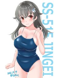  ame-san black_hair blue_one-piece_swimsuit breasts character_name collarbone competition_school_swimsuit cowboy_shot female hair_down hair_ornament highres japan_maritime_self-defense_force japan_self-defense_force jingei_(kancolle) js_jingei_(kancolle) kantai_collection large_breasts long_hair md5_mismatch military one-piece_swimsuit red_eyes school_swimsuit smile solo standing swimsuit whale_hair_ornament 