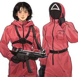  2girls belt black_gloves black_mask closed_mouth commentary english_commentary freckles gloves gun h&amp;k_mp5 highres holding holding_gun holding_weapon index_finger_raised jumpsuit kang_sae-byeok long_sleeves looking_at_viewer mask medium_hair multiple_girls pink_jumpsuit simple_background soldier_(squid_game) sonagee squid_game submachine_gun trigger_discipline weapon white_background 