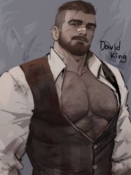  1boy abs bandaid bandaid_on_face bandaid_on_nose bara bare_pectorals beard black_eyes brown_hair chest_hair collared_shirt david_king_(dead_by_daylight) dead_by_daylight dopey_(dopq) facial_hair hairy highres jacket large_pectorals long_sleeves looking_at_viewer male_focus manly mature_male muscular muscular_male nipples partially_unbuttoned pectorals scar scar_on_face shirt short_hair sleeveless smile solo thick_arms thick_eyebrows tight_clothes unbuttoned undercut very_short_hair 