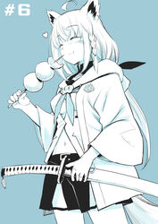  ahoge animal_ears blue_background blush braid closed_eyes commentary_request dango eating female food fox_ears fox_girl fox_tail hair_between_eyes heart holding holding_food holding_sword holding_weapon hololive hololive_alternative hood hoodie jacket katana kurose_kousuke long_hair long_sleeves midriff monochrome navel neckerchief sheath sheathed shirakami_fubuki shirakami_fubuki_(1st_costume) short_shorts shorts sidelocks simple_background single_braid solo spot_color sword tail virtual_youtuber wagashi weapon 