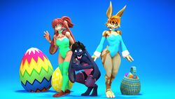  16:9 2023 3d_(artwork) 4_toes 4k 5_fingers absurd_res anthro armwear barefoot basket black_hair blue_armwear blue_background blue_clothing blue_eyes blue_leotard blue_nipples blue_tongue breasts brown_body brown_fur brown_hair buckteeth cheek_tuft clothing container crouching digital_media_(artwork) domi_(domibun) domibun easter easter_egg eating facial_tuft feet female fingers fishnet_clothing fishnet_legwear fur green_clothing green_leotard group hair hi_res holidays holly_zanzibar lagomorph legwear leotard lepi leporid long_ears looking_at_viewer lop_(star_wars_visions) mammal neck_tuft nipples pink_clothing pink_leotard purple_body purple_fur rabbit simple_background small_breasts source_filmmaker_(artwork) standing star_wars star_wars_visions teeth toes tongue trio tuft warfare_holly warfare_lop warfare_machine widescreen yellow_eyes 