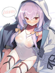  absurdres atsuko_(blue_archive) black_gloves blue_archive breasts covered_nipples female gloves halo highres hood hoodie jacket kawa_mura looking_at_viewer one-piece_swimsuit purple_hair red_eyes school_swimsuit sitting solo swimsuit thighs wariza white_hoodie white_jacket white_one-piece_swimsuit 