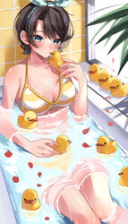  absurdres aqua_eyes bad_id bad_twitter_id bare_shoulders bathtub bikini blush bow_hairband breasts brown_hair feet_out_of_frame female hairband halterneck heart highres hololive looking_at_viewer medium_breasts moonbell oozora_subaru oozora_subaru_(hololive_summer_2019) partially_submerged petals polka_dot rubber_duck short_hair sidelocks sitting solo striped_bikini striped_clothes swept_bangs swimsuit thighs tile_wall tiles virtual_youtuber water wet 