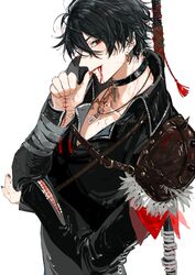  1boy armor bad_id bad_twitter_id bandaged_arm bandages black_choker black_coat black_hair black_nails blood blood_on_chest blood_on_face blood_on_hands buckle choker coat collared_coat ear_piercing earrings elbow_on_arm fingernails highres jewelry leather_strap licking licking_blood licking_finger looking_at_viewer male_focus original pendant pendant_choker piercing pointy_ears polearm polearm_behind_back red_eyes scar scar_on_arm scar_on_chest scar_on_face scar_on_neck sharp_fingernails short_hair shoulder_armor shoulder_pads shoulder_spikes slit_pupils solo spikes stitches strap weapon white_background zang_shih 